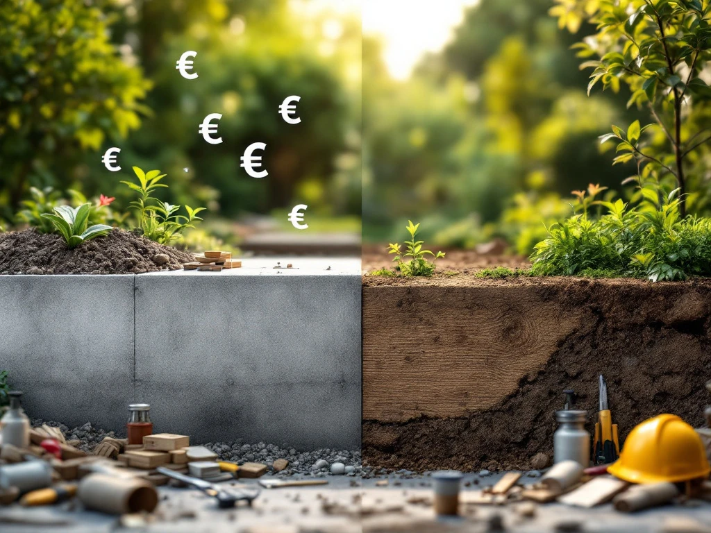 Vergelijking van traditionele betonnen fundering met drijvende eurotekens en duurzame bio-gebaseerde bouwmaterialen