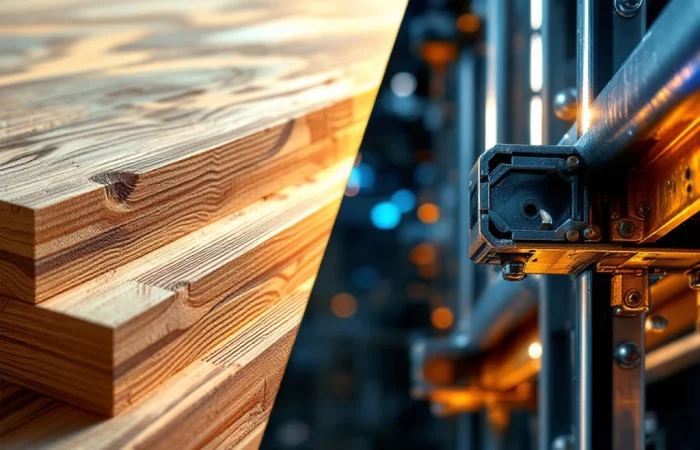 Split-screen vergelijking van duurzame bouwmaterialen: kruislaaghout panelen links en stalen frameconstructie rechts
