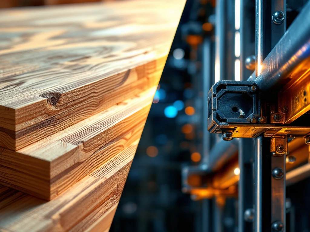Split-screen vergelijking van duurzame bouwmaterialen: kruislaaghout panelen links en stalen frameconstructie rechts