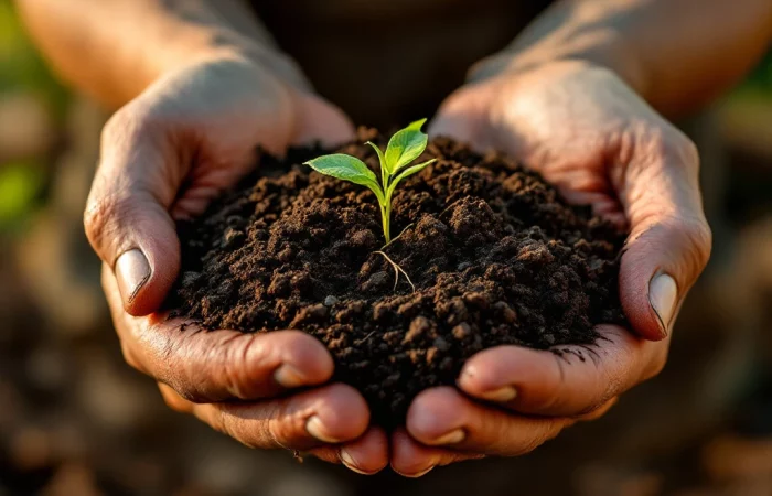 Verweerde handen houden donkere aarde met plantenwortels vast, duurzame bouwmaterialen op achtergrond