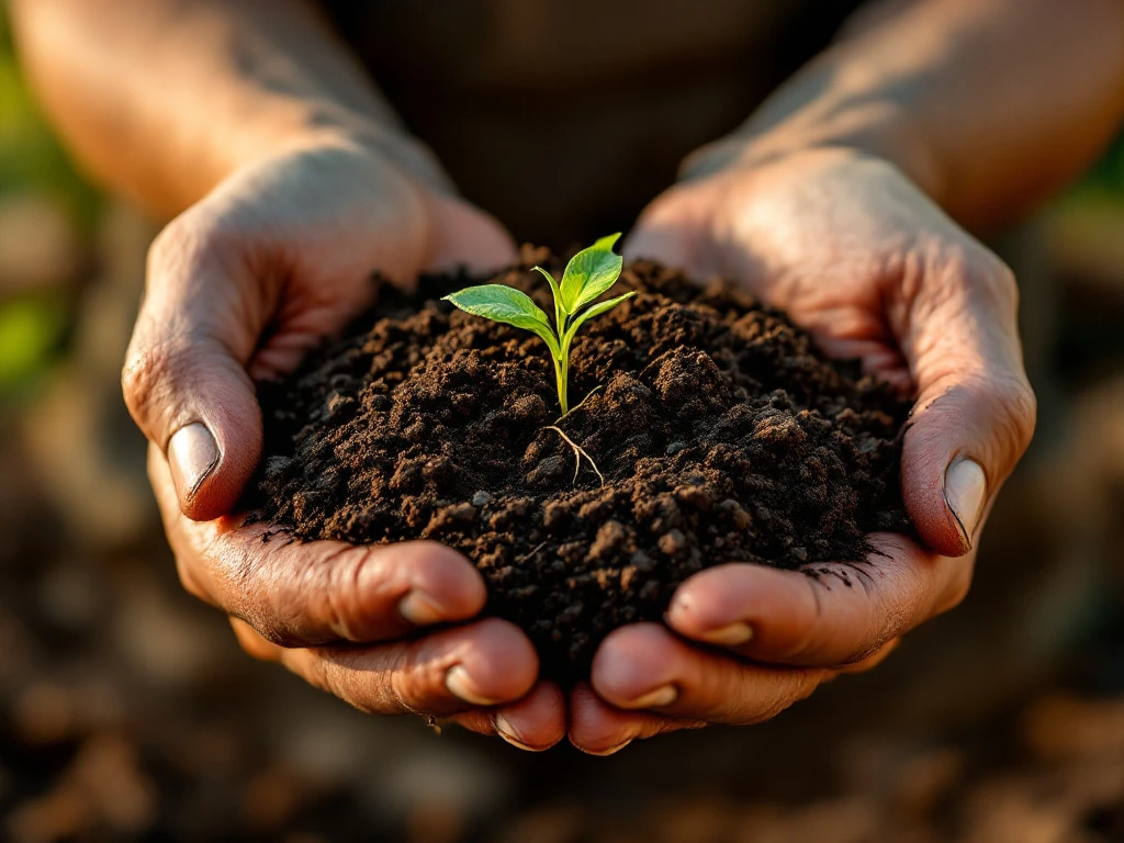 duurzaam-bouwen-biologische-grond-handen.jpg Verweerde handen houden donkere aarde met plantenwortels vast, duurzame bouwmaterialen op achtergrond