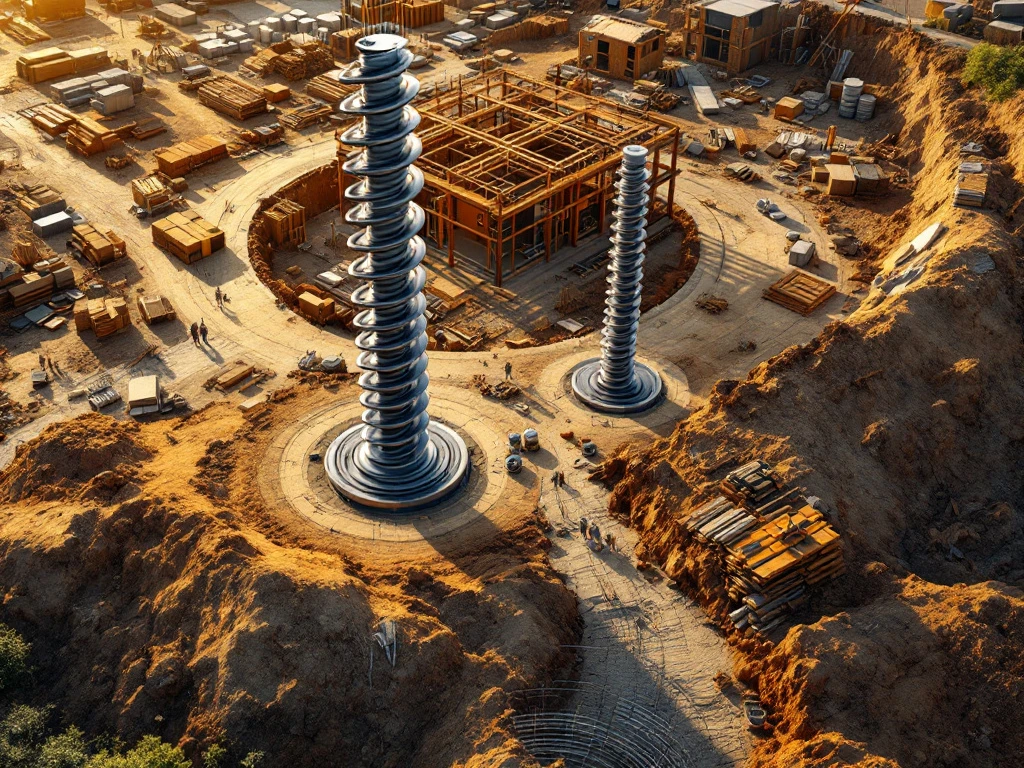 Luchtfoto van duurzame bouwplaats met circulaire bouwprincipes, schroeffunderingen en herbruikbare materialen