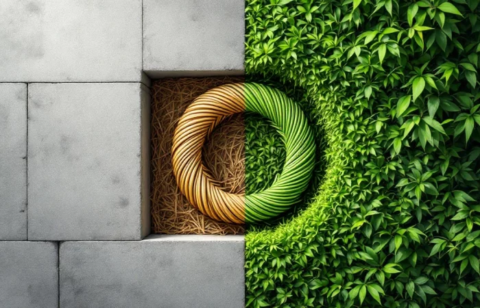 Splitscreen vergelijking van grijze betonblokken links en groene duurzame bouwmaterialen rechts met circulaire economie symbool