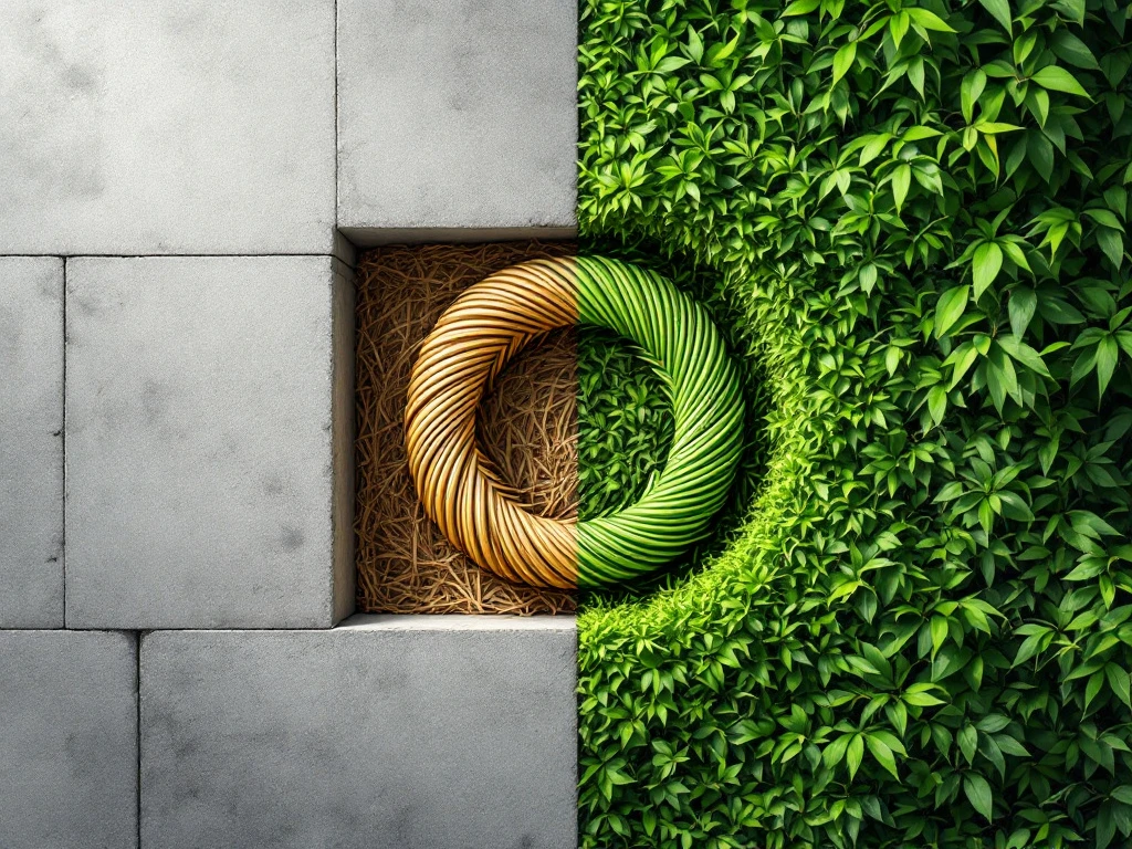 Splitscreen vergelijking van grijze betonblokken links en groene duurzame bouwmaterialen rechts met circulaire economie symbool
