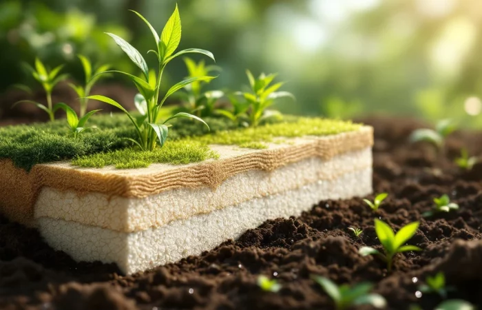 Dwarsdoorsnede van duurzame bouwmaterialen groeiend uit aarde met plantenwortels, hennepvezels en bamboestructuren