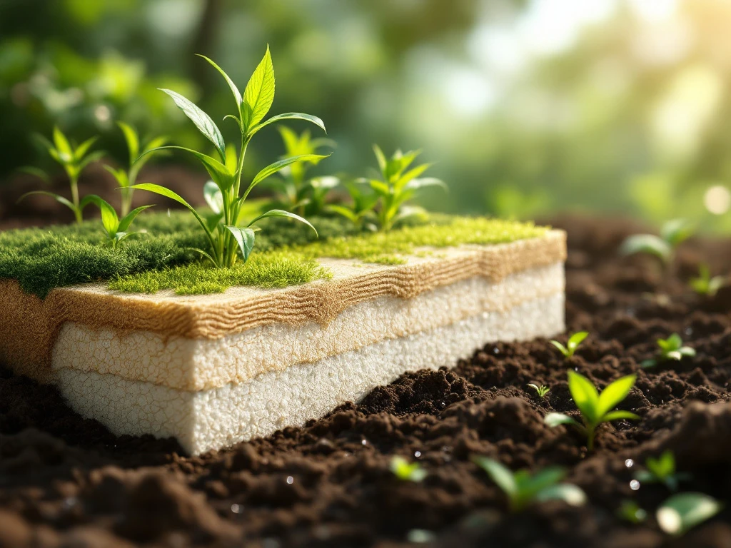 Dwarsdoorsnede van duurzame bouwmaterialen groeiend uit aarde met plantenwortels, hennepvezels en bamboestructuren