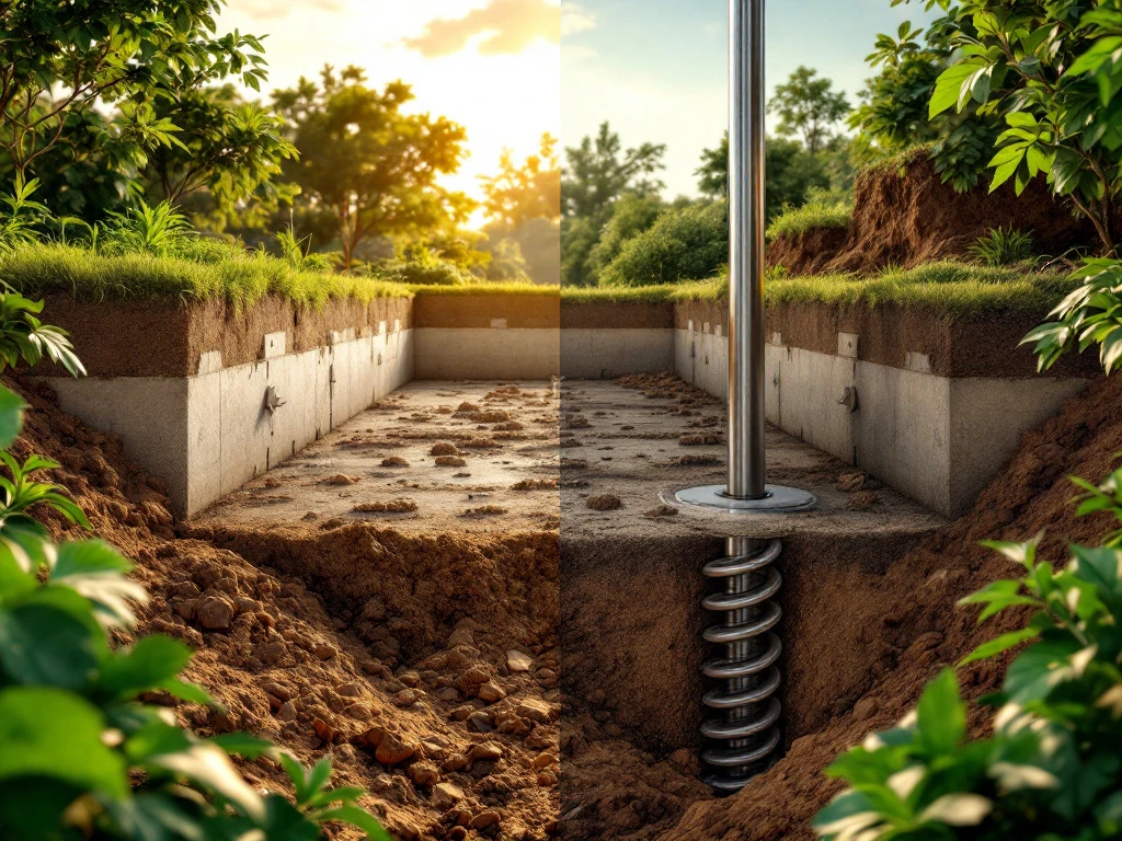 Vergelijking van traditionele betonnen fundering versus duurzame schroeffundering met stalen heipalen in natuurlijke omgeving