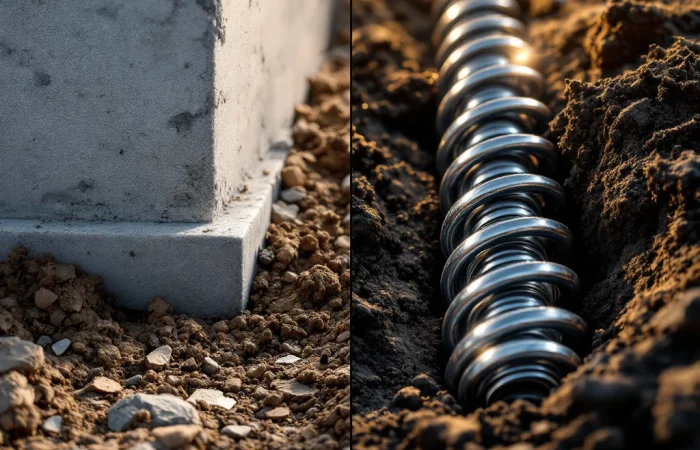 Vergelijking van traditionele betonnen fundering links en moderne schroeffundering rechts in grond