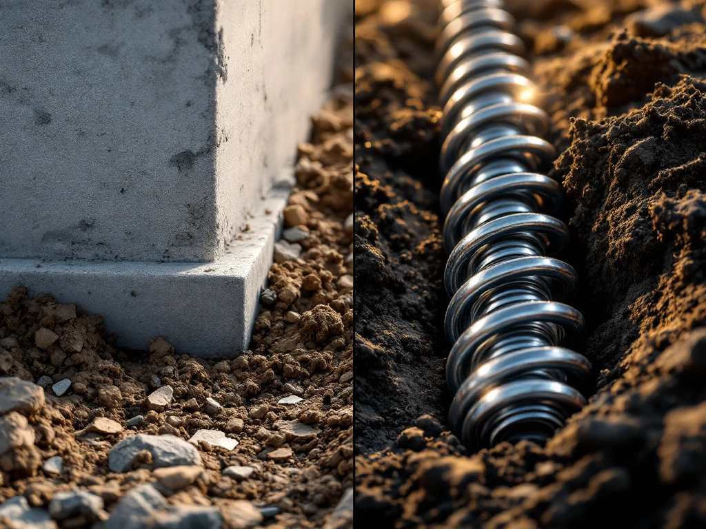 betonnen-vs-schroef-funderingen-vergelijking.jpg Vergelijking van traditionele betonnen fundering links en moderne schroeffundering rechts in grond