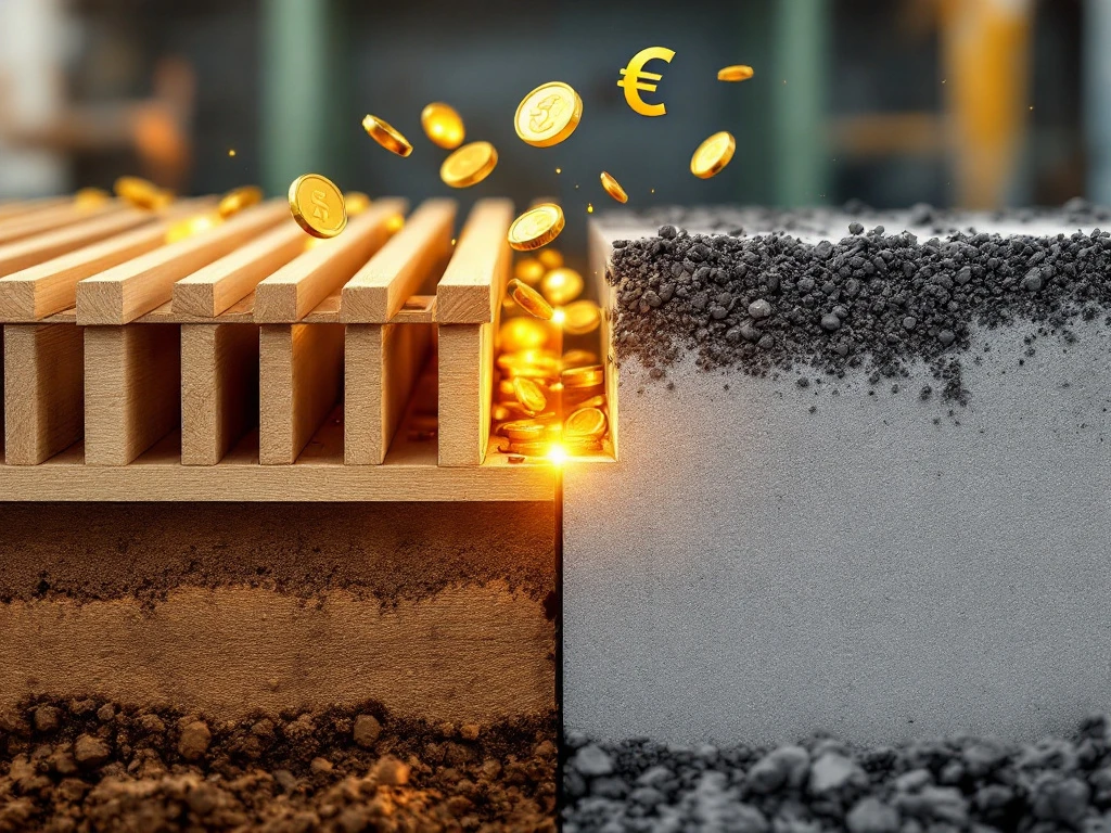 Vergelijking van houten en betonnen funderingssystemen met gouden munten die kosten symboliseren op bouwplaats