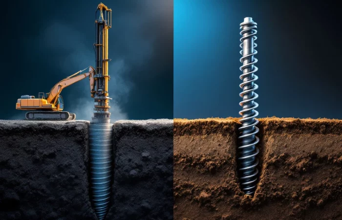 Vergelijking van traditionele betonnen heipaal en moderne schroefpaal in doorsnede van grondlagen met bouwmachines