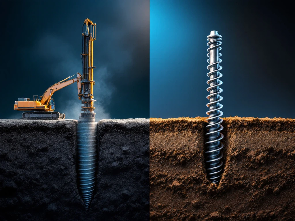 Vergelijking van traditionele betonnen heipaal en moderne schroefpaal in doorsnede van grondlagen met bouwmachines