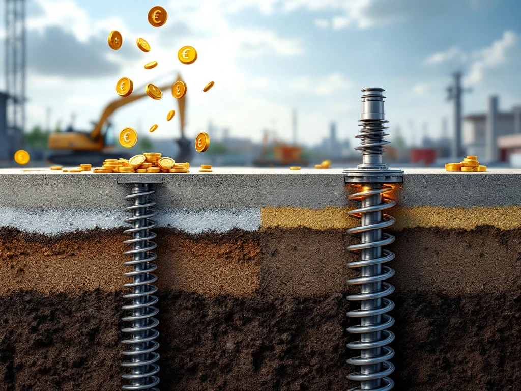 foundation-concrete-vs-screw-piles-cost-comparison.jpg Doorsnede van betonpalen versus schroefpalen met kostenvergelijking, toont traditionele en moderne funderingsmethoden
