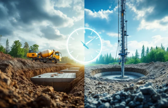 Vergelijking bouwplaatsen: traditionele betonnen fundering met graafmachines links, moderne schroeffundering rechts