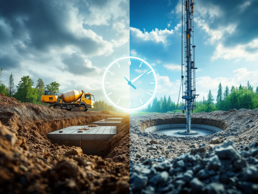 Vergelijking bouwplaatsen: traditionele betonnen fundering met graafmachines links, moderne schroeffundering rechts
