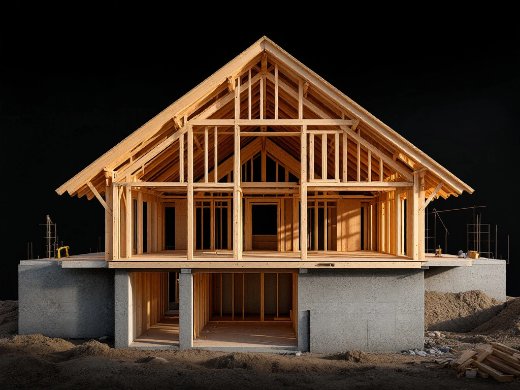 Dwarsdoorsnede van moderne HSB houten skeletbouw met zichtbaar vakwerk, balken en betonnen fundering