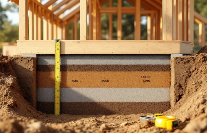 Doorsnede van houten skeletbouw met funderingslagen, meetinstrumenten en grondlagen in natuurlijk licht