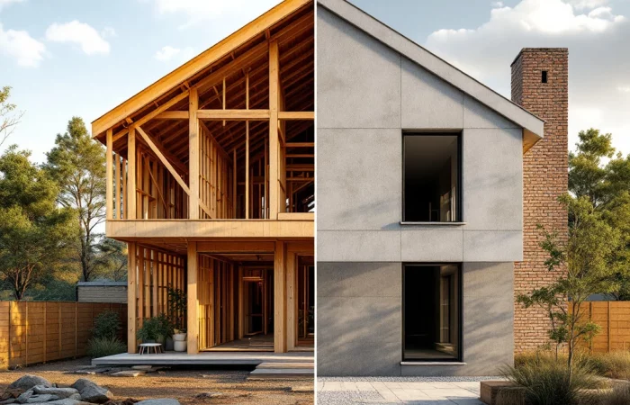 Vergelijking van moderne houten frame constructie naast traditionele baksteen en beton bouwmethoden in split-screen