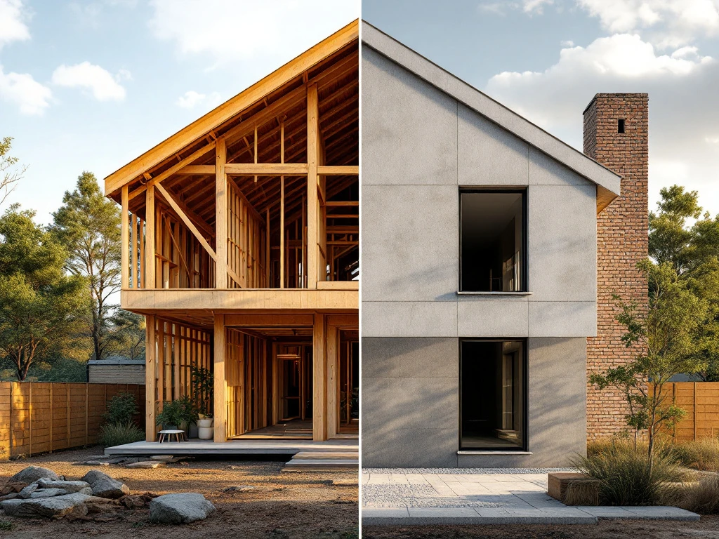 Vergelijking van moderne houten frame constructie naast traditionele baksteen en beton bouwmethoden in split-screen