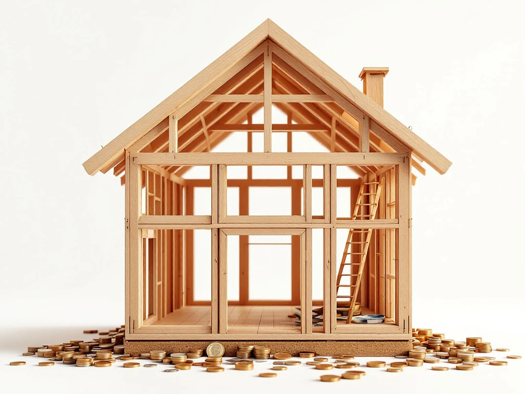 Doorsnede van moderne houten huisconstructie met zichtbare balken en Euro geld, architecturale visualisatie