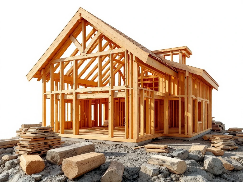 Dwarsdoorsnede van moderne houten frame huis met gedetailleerd skelet, geweerde en nieuwe balken, dramatische belichting