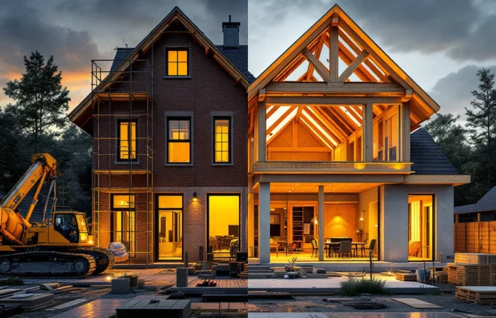 Vergelijking traditionele bakstenen bouw versus moderne houtskeletbouw met machines en materialen op bouwplaats