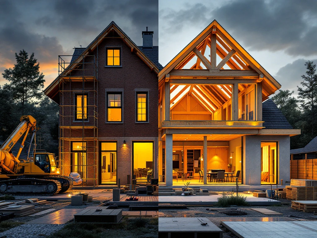 Vergelijking traditionele bakstenen bouw versus moderne houtskeletbouw met machines en materialen op bouwplaats