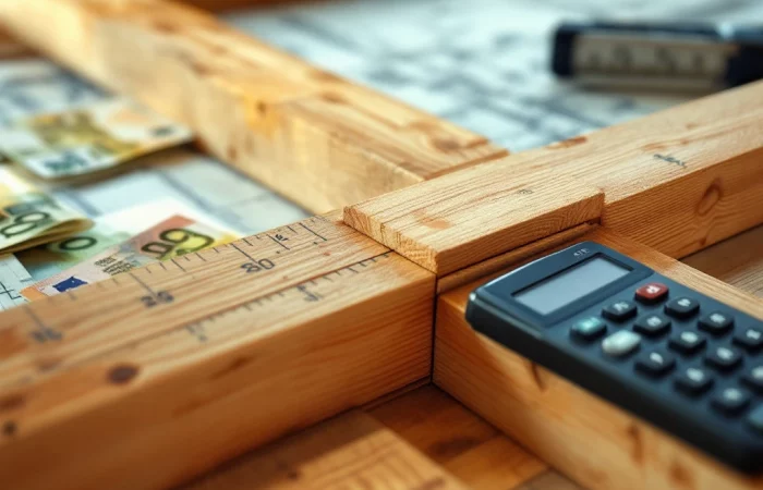 HSB houten frame constructie met zichtbare houtverbindingen, meetlint, rekenmachine en euro bankbiljetten op blauwdruk