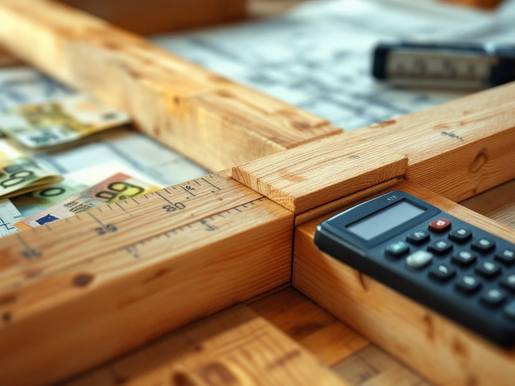 HSB houten frame constructie met zichtbare houtverbindingen, meetlint, rekenmachine en euro bankbiljetten op blauwdruk