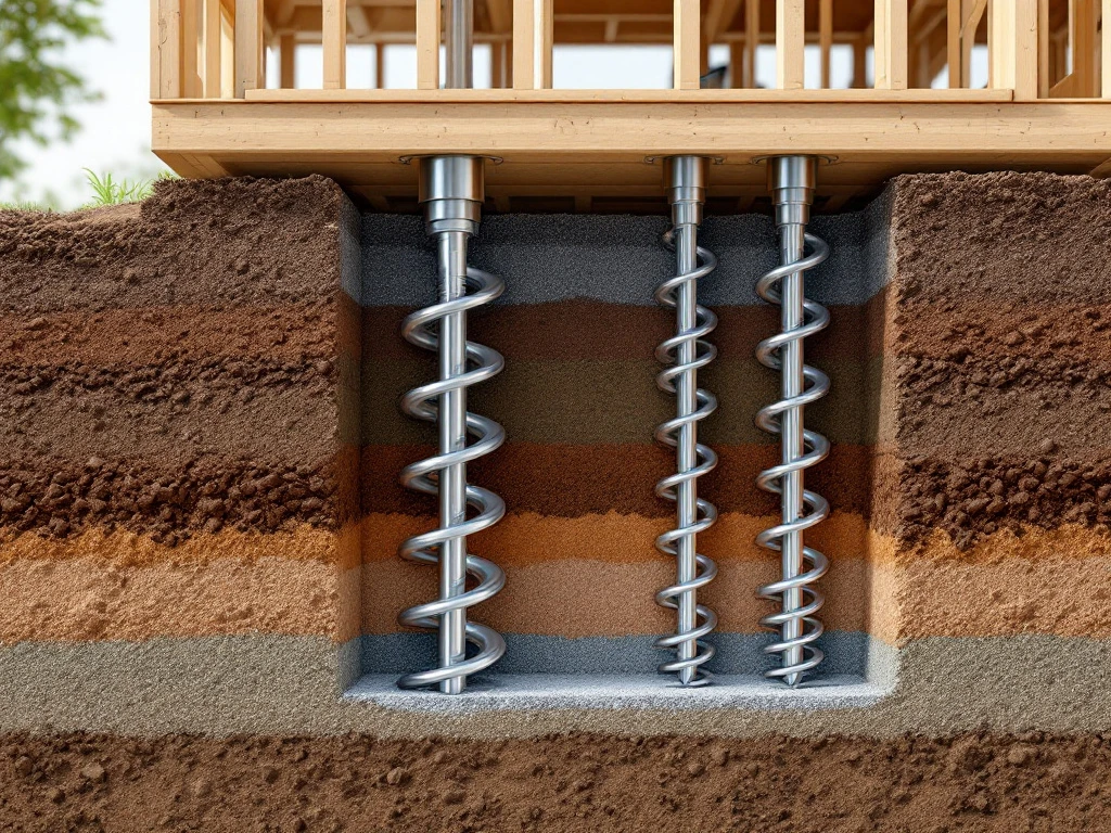 Dwarsdoorsnede van duurzame schroeffunderingen in gelaagde grond onder moderne houtbouw constructie