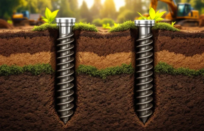 Doorsnede van herbruikbare schroeffunderingen in bruine grond met bouwmachines op de achtergrond