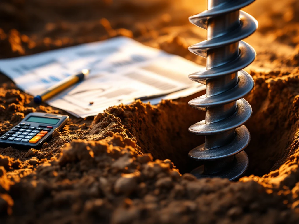 Stalen schroefpaal wordt in bruine grond gedreven met technische tekeningen en meetinstrumenten op achtergrond