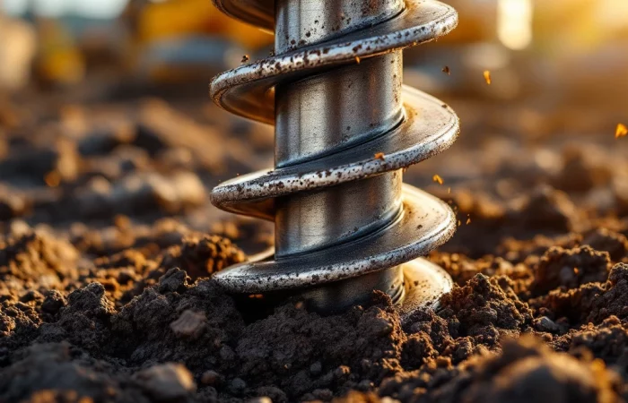 Stalen schroefpaal wordt in donkere grond gedreven, met glanzende spiraaldraden in zonlicht op bouwplaats