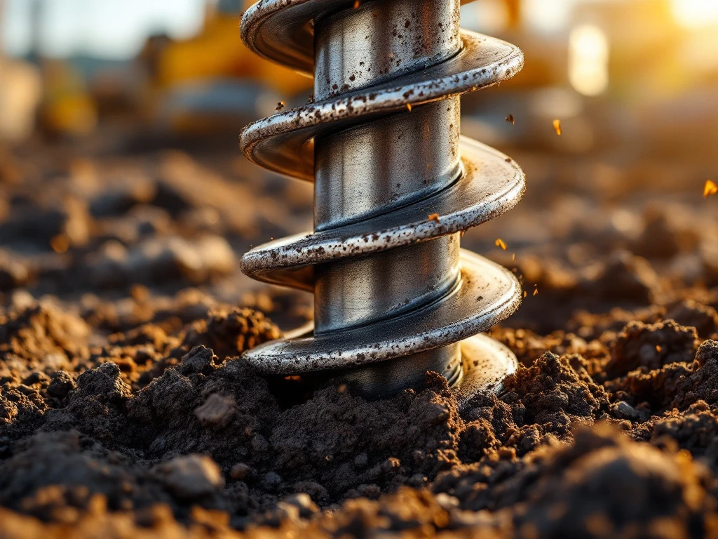 Stalen schroefpaal wordt in donkere grond gedreven, met glanzende spiraaldraden in zonlicht op bouwplaats