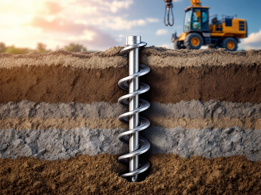 Stalen helicoïdale schroefpaal wordt geïnstalleerd in gelaagde grond met constructieapparatuur op de achtergrond