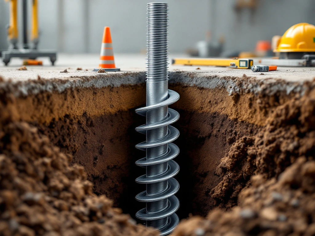 Stalen schroefpaal in doorsnede met draadprofiel en gegalvaniseerde coating op bouwplaats met aarde en gereedschap