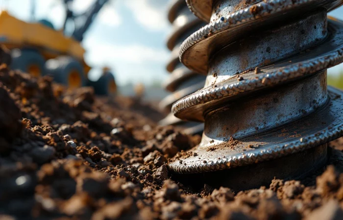 Stalen schroefpaal met spiraalvormige bladen wordt in donkere grond gedreven, bouwapparatuur op achtergrond