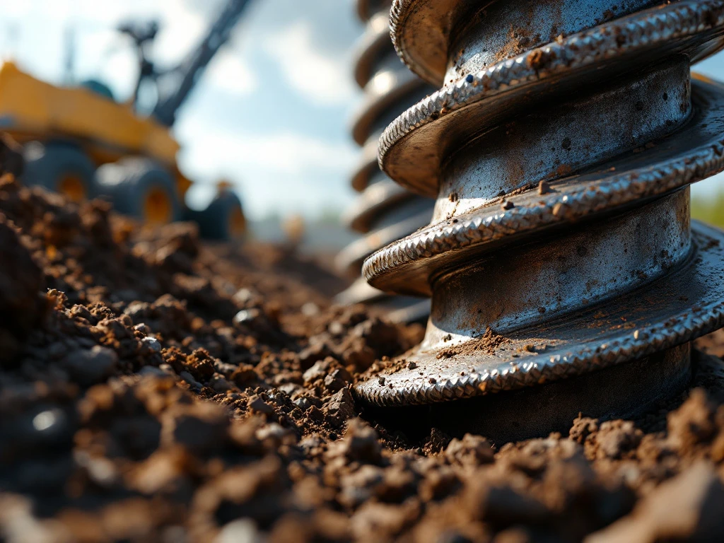 Stalen schroefpaal met spiraalvormige bladen wordt in donkere grond gedreven, bouwapparatuur op achtergrond