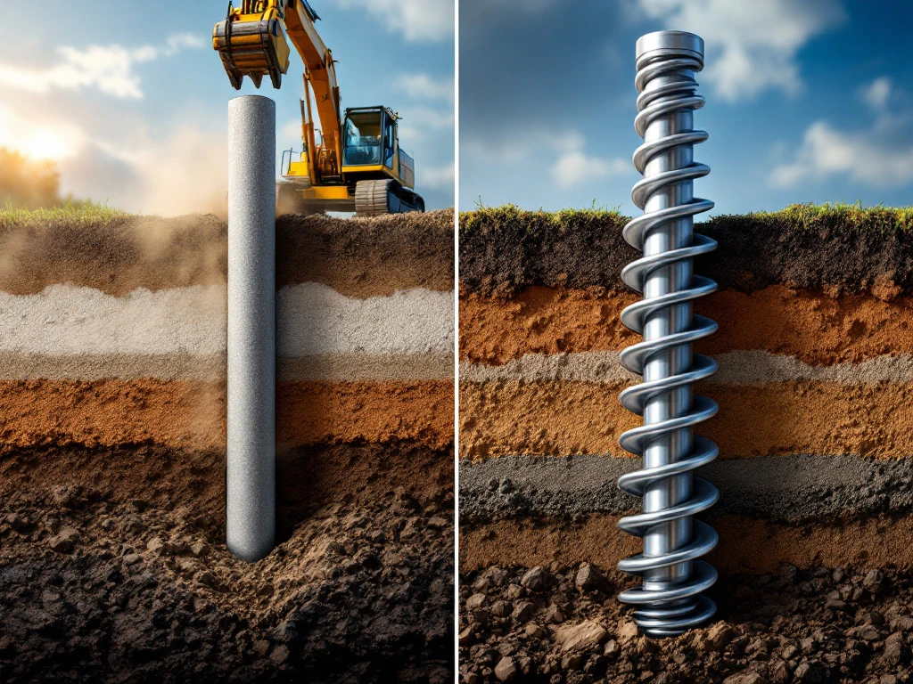 Vergelijking van traditionele betonpaal met heistelling versus precisie schroefpaal installatie in gelaagde grond