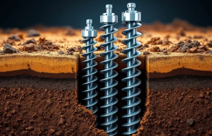 Doorsnede van stalen schroefpalen met verschillende diameters en spiraalvormige bladen in bruine grondlagen
