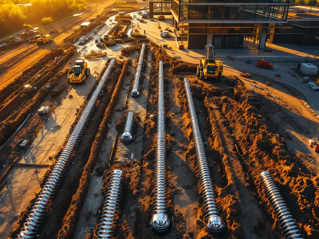 Luchtfoto van bouwplaats met stalen schroefpalen en graafmachines tijdens gouden uur verlichting