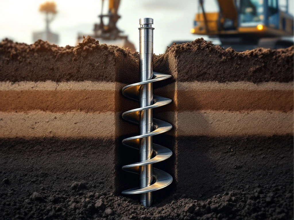 Spiraalfunderingsschroef met helix-bladen wordt geïnstalleerd in gelaagde grond met bouwapparatuur op achtergrond