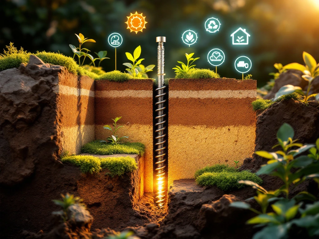 duurzame-schroefpalen-fundering-grondlagen-installatie.jpg Duurzame schroefpaalfunderingen in doorsnede met stalen spiralen, meetinstrumenten en groene planten in bodem