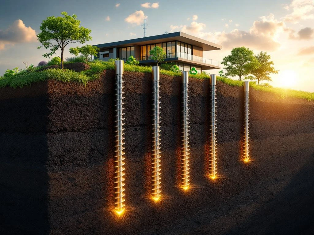 Dwarsdoorsnede van innovatieve schroeffunderingen in donkere grond met duurzaam gebouw en groene vegetatie