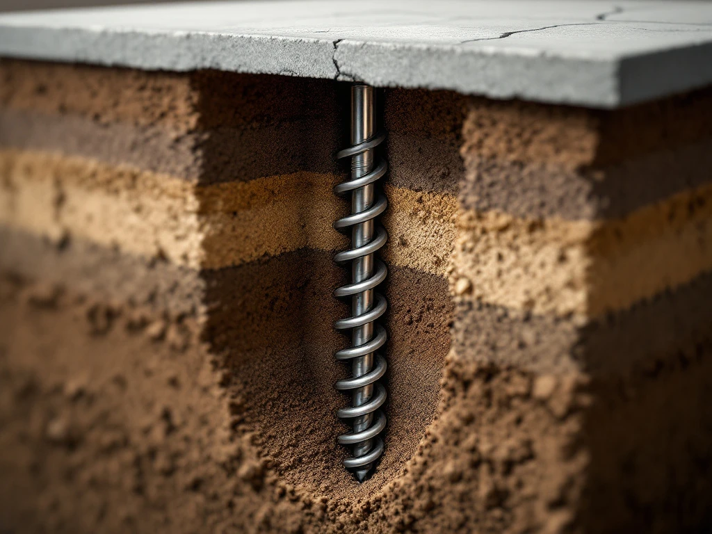 Doorsnede van hellende schroeffundering in gelaagde grond met zichtbare bodemcompressie en scheuren in betonplaat