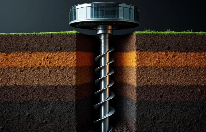 Duurzame schroeffundering in grondlagen met spiraalvormige stalen palen onder moderne circulaire bouwconstructie