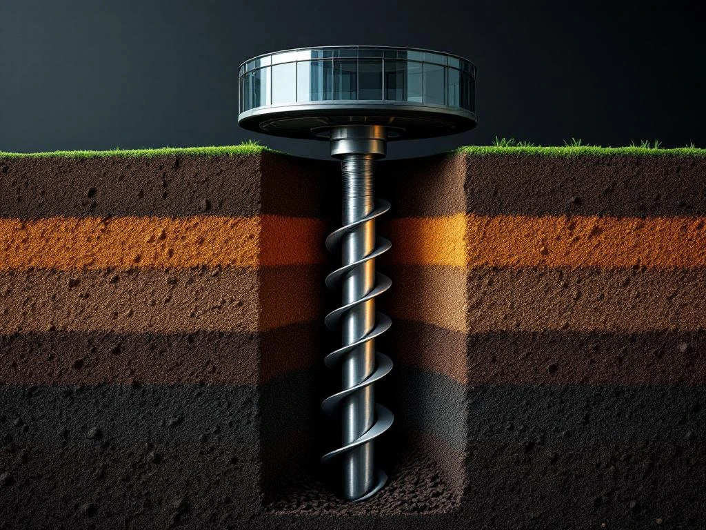 duurzame-schroeffundering-doorsnede-grondlagen.jpg Duurzame schroeffundering in grondlagen met spiraalvormige stalen palen onder moderne circulaire bouwconstructie