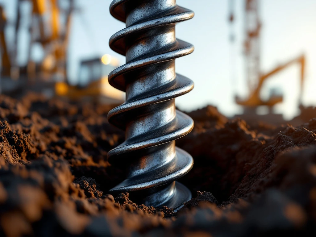 schroeffundering-installatie-staal-constructie.jpg Stalen schroeffundering wordt geïnstalleerd in donkere grond met constructie-apparatuur op achtergrond