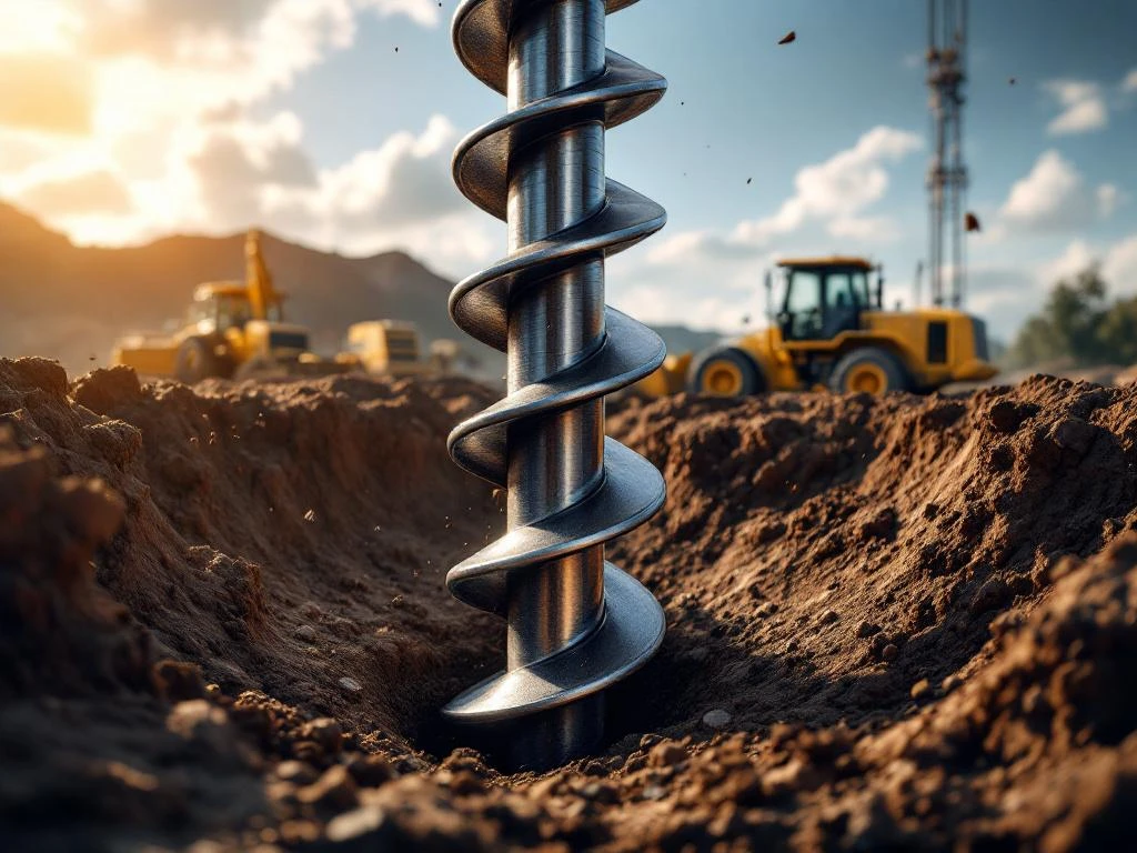 Stalen schroeffundering wordt geïnstalleerd in donkere grond met bouwmachines op de achtergrond in zonlicht