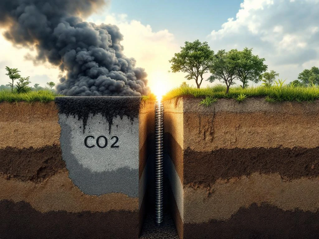 Dwarsdoorsnede aarde toont betonnen funderingspalen met CO2-uitstoot tegenover duurzame schroeffunderingen in groen milieu